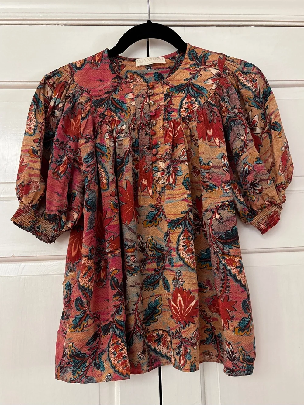 ULLA JOHNSON Dina Top in‎ Coral Bloom Size 2 Puff Sleeve Bib Collar 100% Silk